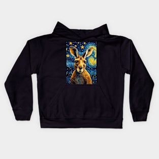 Kangaroo Animal Portrait Painting in a Van Gogh Starry Night Art Style Kids Hoodie